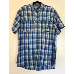 LL BEAN‎ Summer Blue Plaid Men's Button Up Short Sleeve Shirt Size Medium Tall